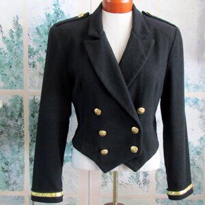 MILITARY STYLE VINTAGE JACKET, S-M, CRESTED BUTTONS, BLACK WOOL-ACRYLIC BLEND